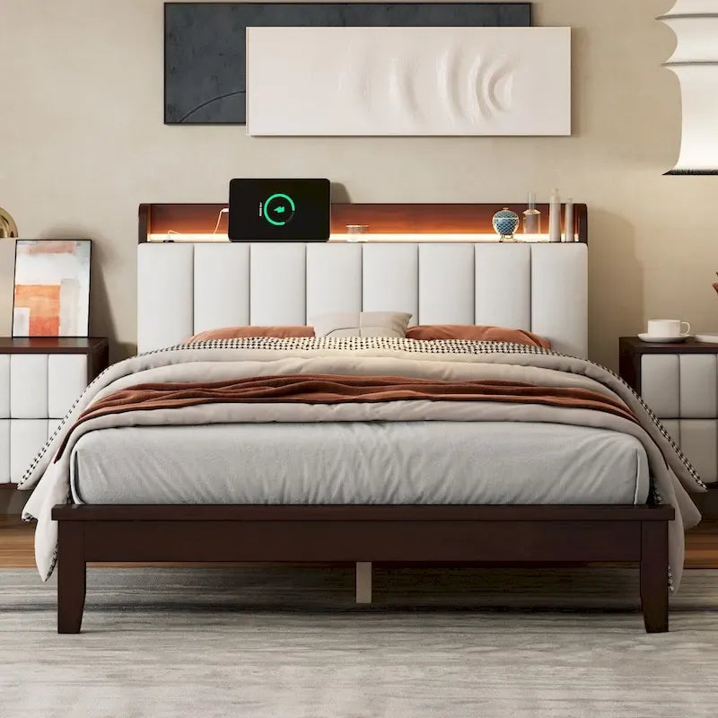 Platform Bed with USB Charging Station and Storage Upholstered Headboard,LED Bed Frame,No Box Spring Needed