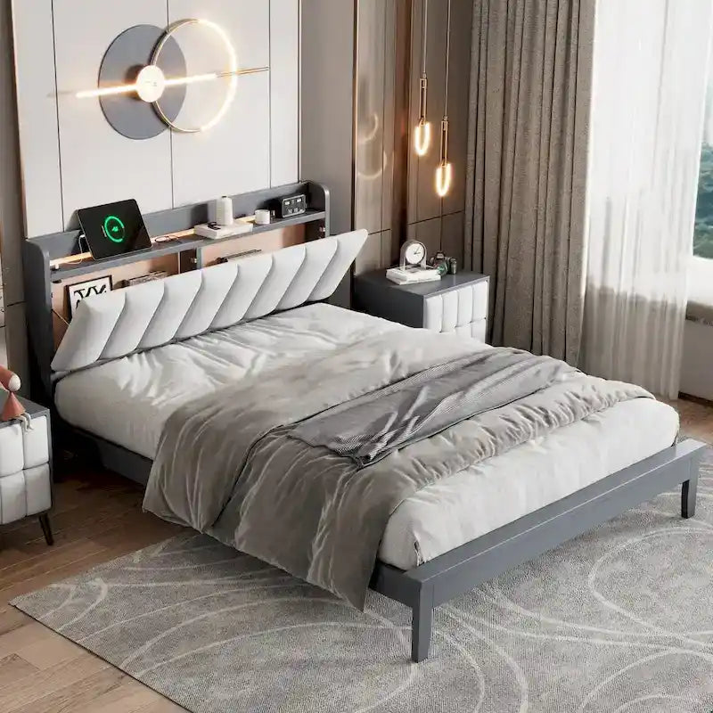 Platform Bed with USB Charging Station and Storage Upholstered Headboard,LED Bed Frame,No Box Spring Needed