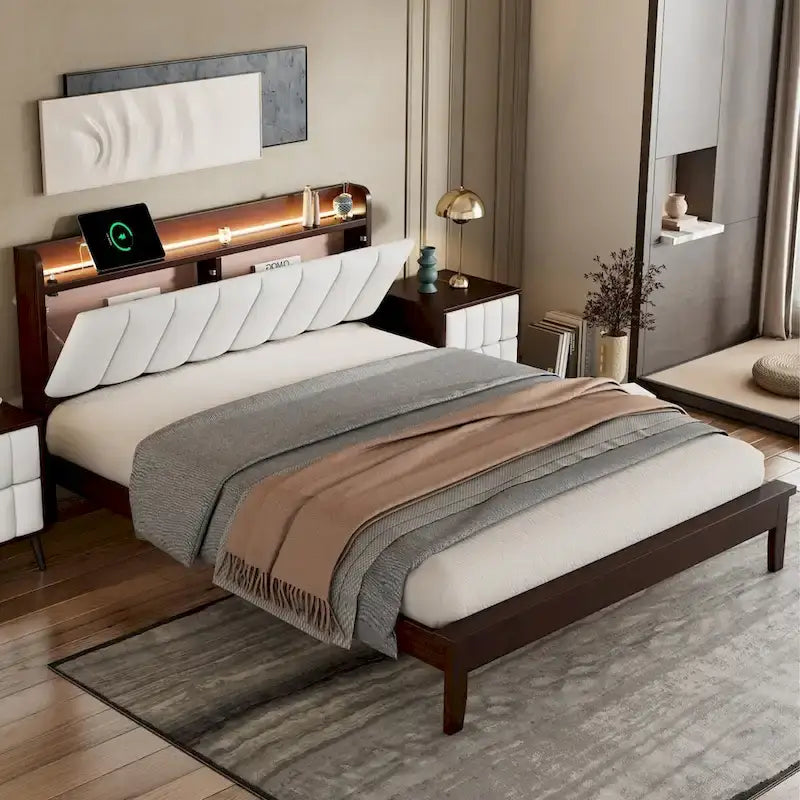 Platform Bed with USB Charging Station and Storage Upholstered Headboard,LED Bed Frame,No Box Spring Needed