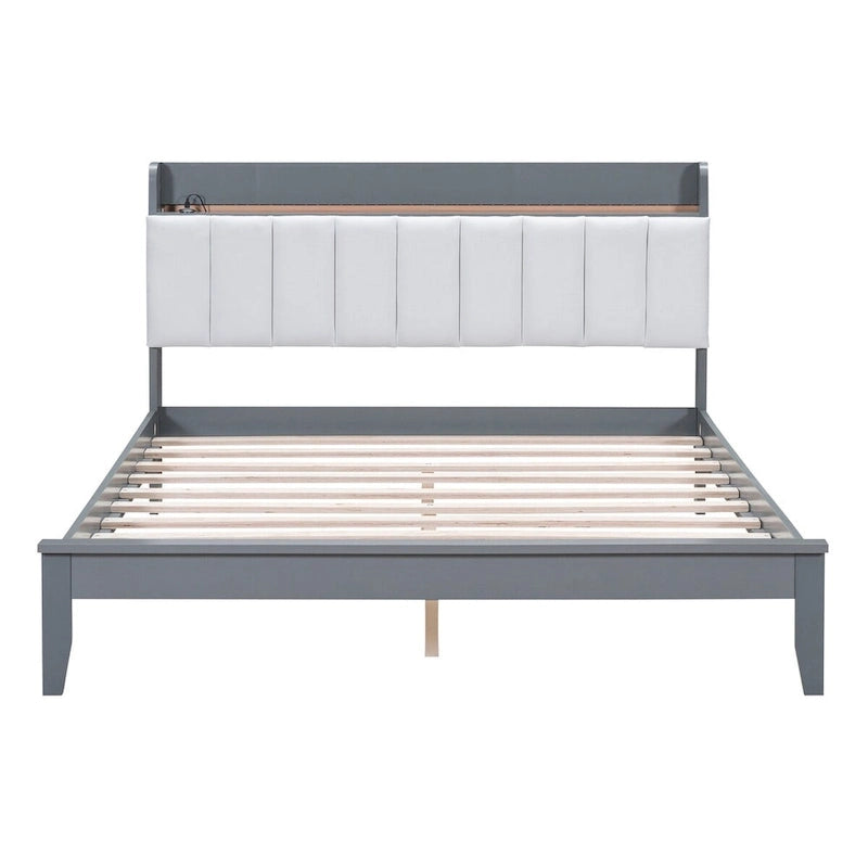 Platform Bed with USB Charging Station and Storage Upholstered Headboard,LED Bed Frame,No Box Spring Needed