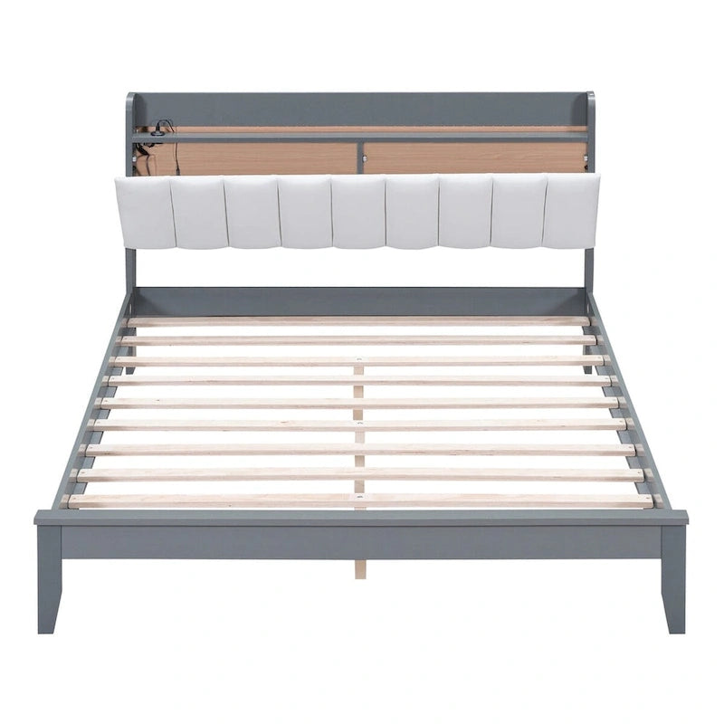 Platform Bed with USB Charging Station and Storage Upholstered Headboard,LED Bed Frame,No Box Spring Needed