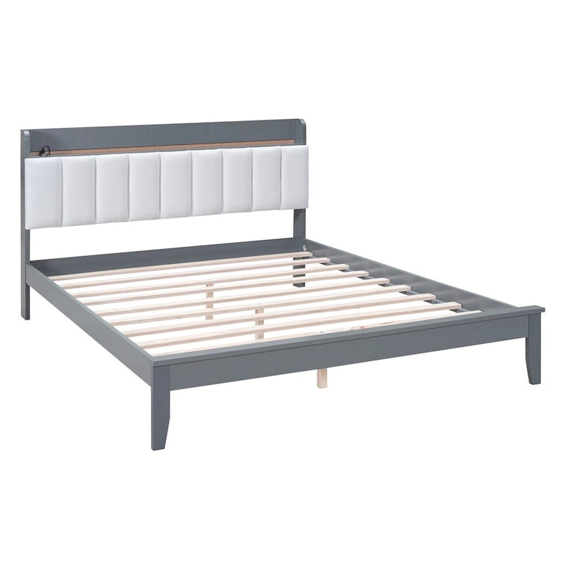 Platform Bed with USB Charging Station and Storage Upholstered Headboard,LED Bed Frame,No Box Spring Needed
