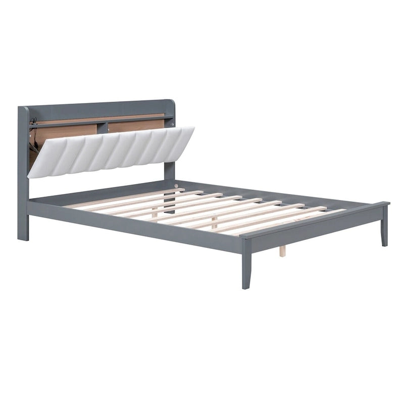 Platform Bed with USB Charging Station and Storage Upholstered Headboard,LED Bed Frame,No Box Spring Needed