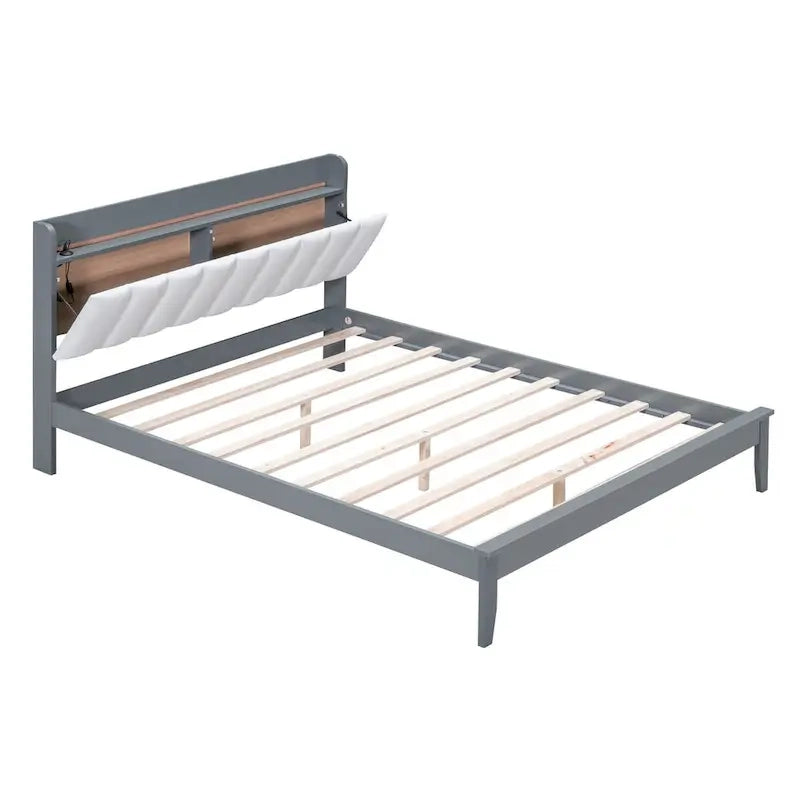 Platform Bed with USB Charging Station and Storage Upholstered Headboard,LED Bed Frame,No Box Spring Needed