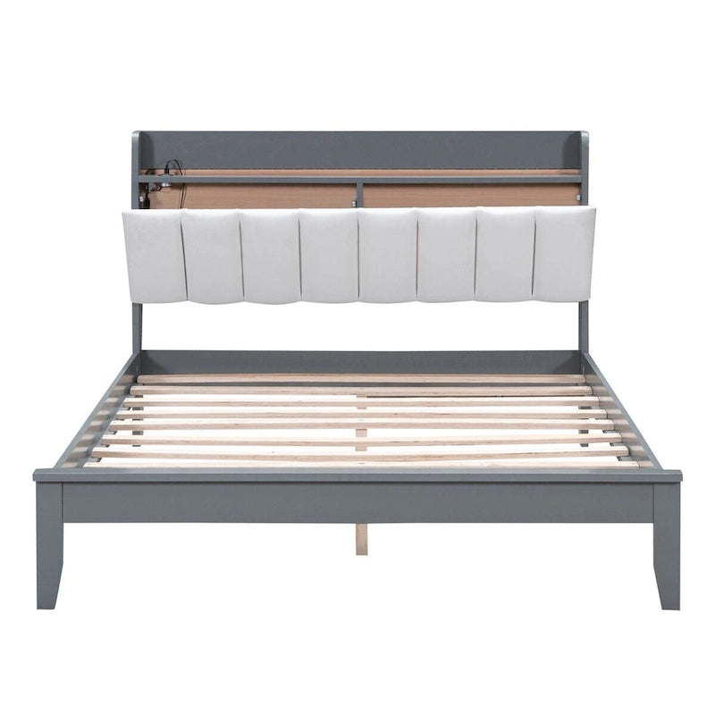 Platform Bed with USB Charging Station and Storage Upholstered Headboard,LED Bed Frame,No Box Spring Needed