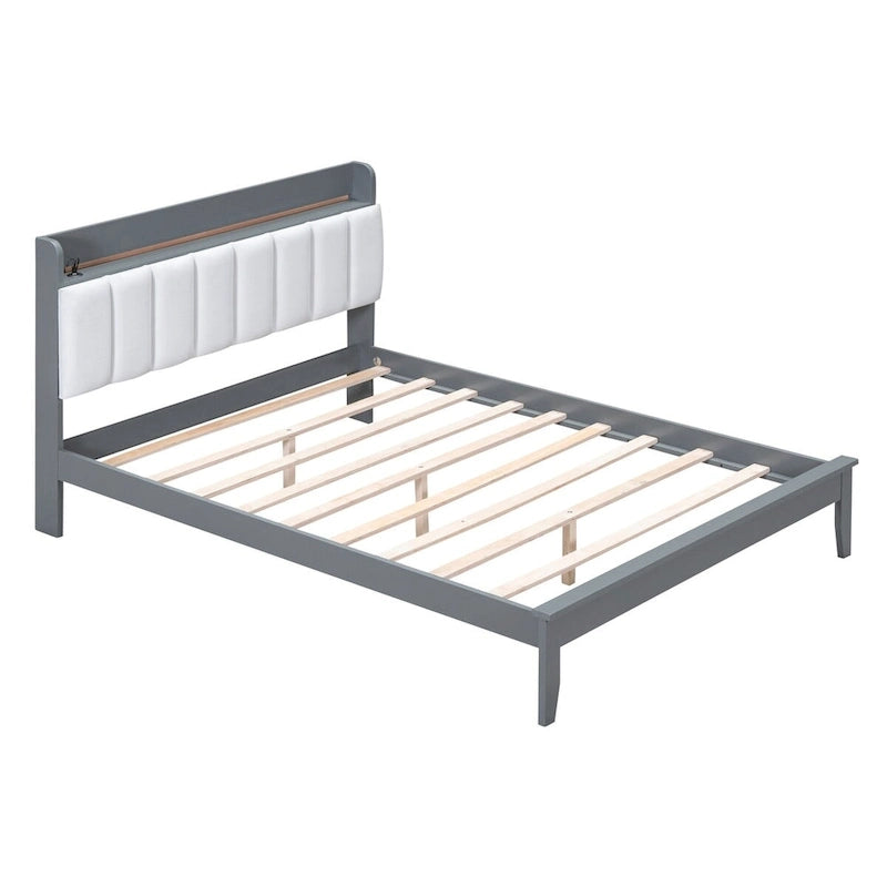 Platform Bed with USB Charging Station and Storage Upholstered Headboard,LED Bed Frame,No Box Spring Needed