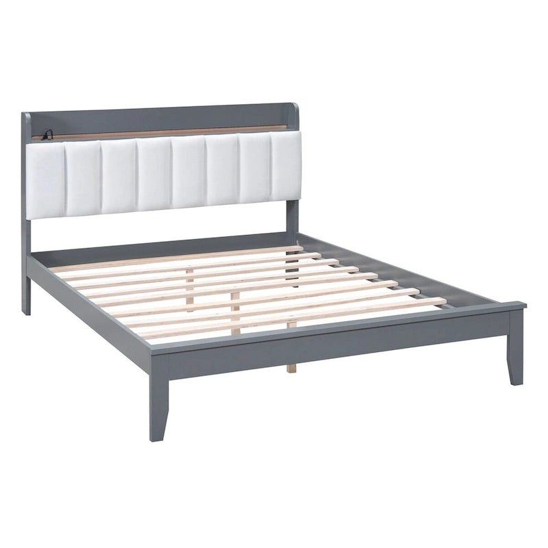 Platform Bed with USB Charging Station and Storage Upholstered Headboard,LED Bed Frame,No Box Spring Needed