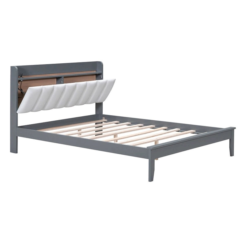 Platform Bed with USB Charging Station and Storage Upholstered Headboard,LED Bed Frame,No Box Spring Needed