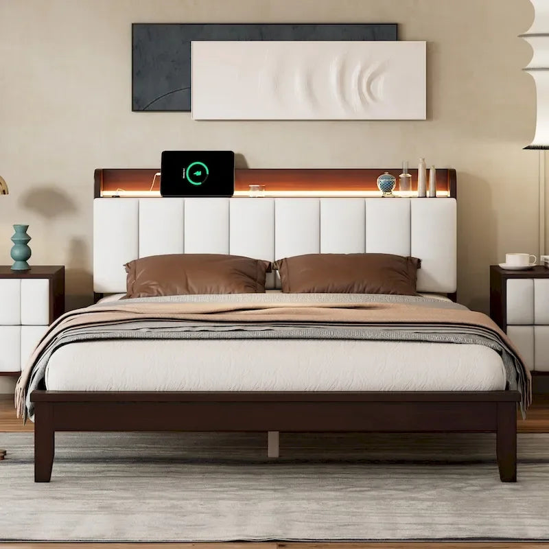 Platform Bed with USB Charging Station and Storage Upholstered Headboard,LED Bed Frame,No Box Spring Needed