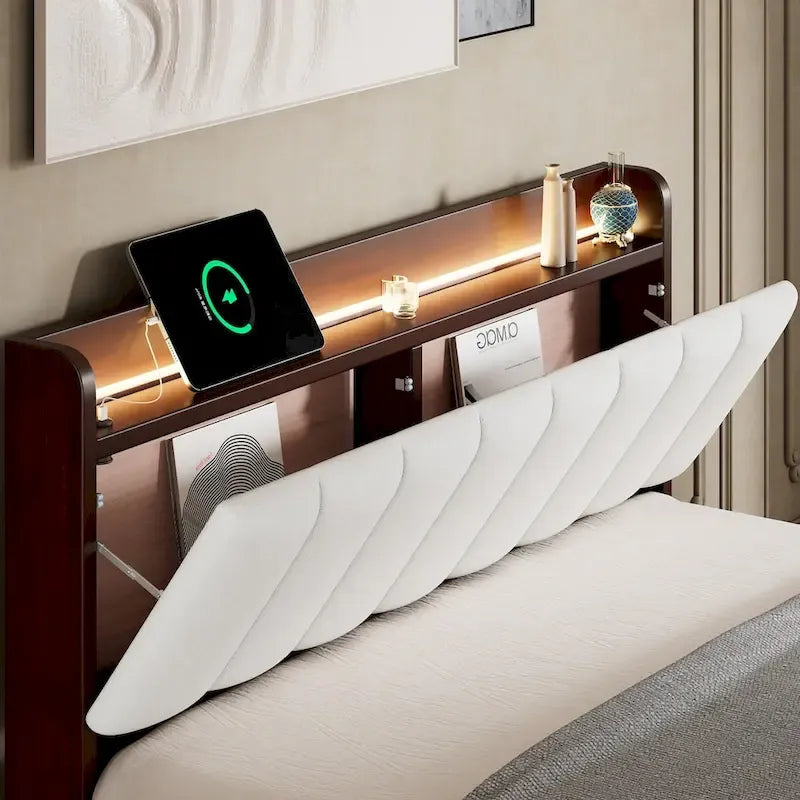 Platform Bed with USB Charging Station and Storage Upholstered Headboard,LED Bed Frame,No Box Spring Needed