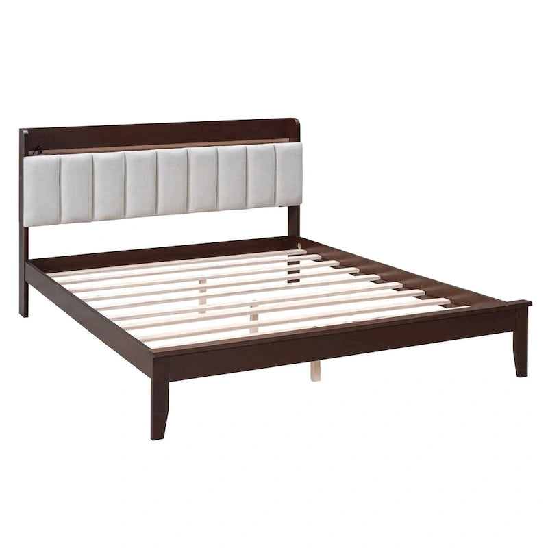 Platform Bed with USB Charging Station and Storage Upholstered Headboard,LED Bed Frame,No Box Spring Needed