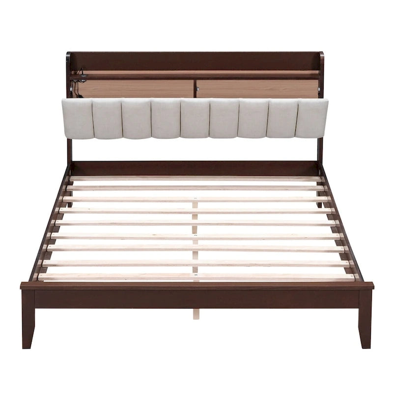 Platform Bed with USB Charging Station and Storage Upholstered Headboard,LED Bed Frame,No Box Spring Needed