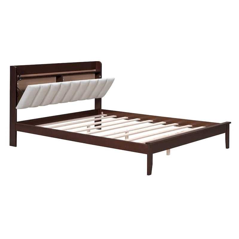 Platform Bed with USB Charging Station and Storage Upholstered Headboard,LED Bed Frame,No Box Spring Needed