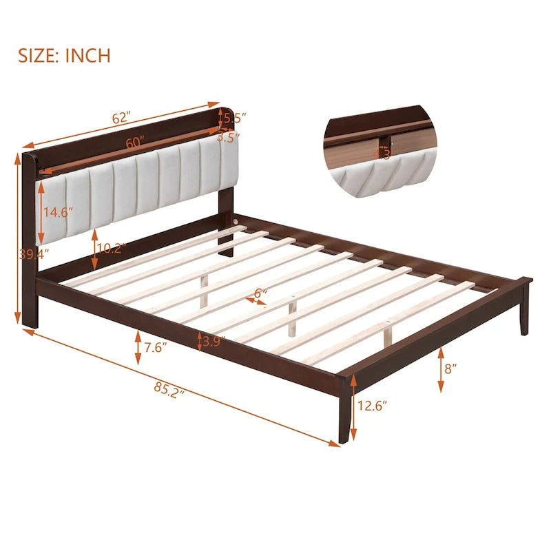 Platform Bed with USB Charging Station and Storage Upholstered Headboard,LED Bed Frame,No Box Spring Needed