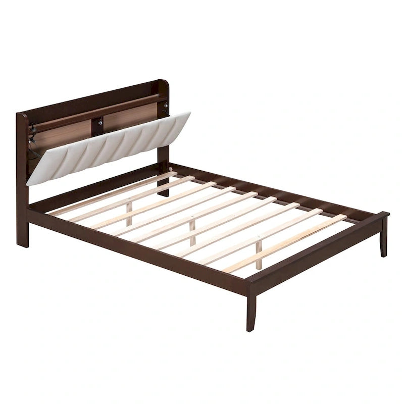 Platform Bed with USB Charging Station and Storage Upholstered Headboard,LED Bed Frame,No Box Spring Needed