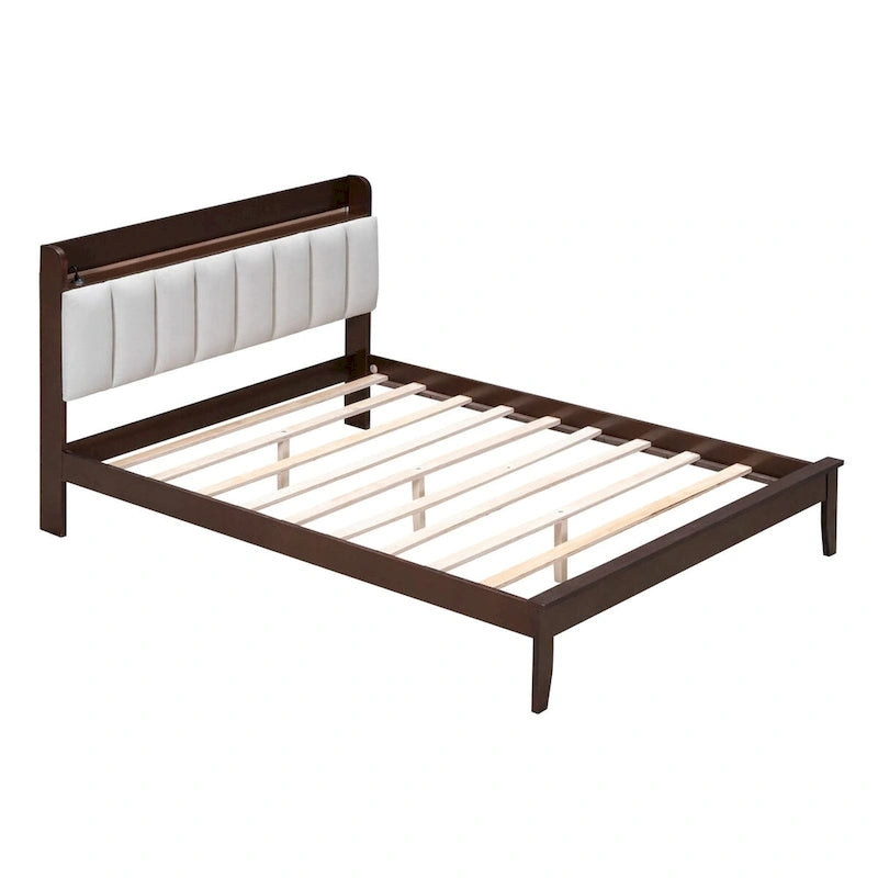 Platform Bed with USB Charging Station and Storage Upholstered Headboard,LED Bed Frame,No Box Spring Needed