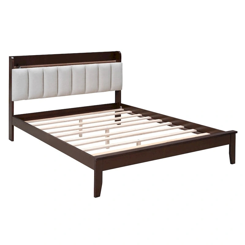 Platform Bed with USB Charging Station and Storage Upholstered Headboard,LED Bed Frame,No Box Spring Needed