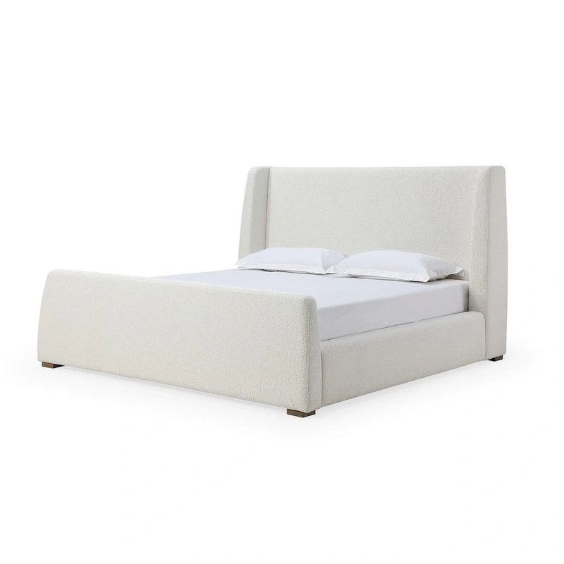 Mosi Queen Platform Bed, Wingback Headboard, White Boucle Fabric Upholstery