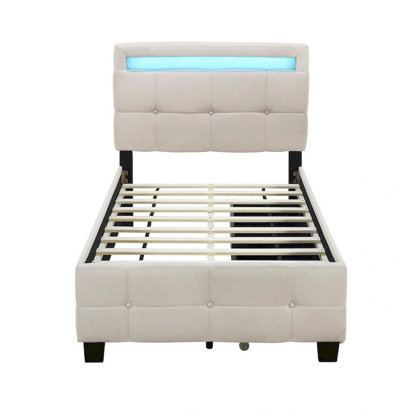 Twin Size Upholstered Platform Bed with LED Frame and 2 Drawers
