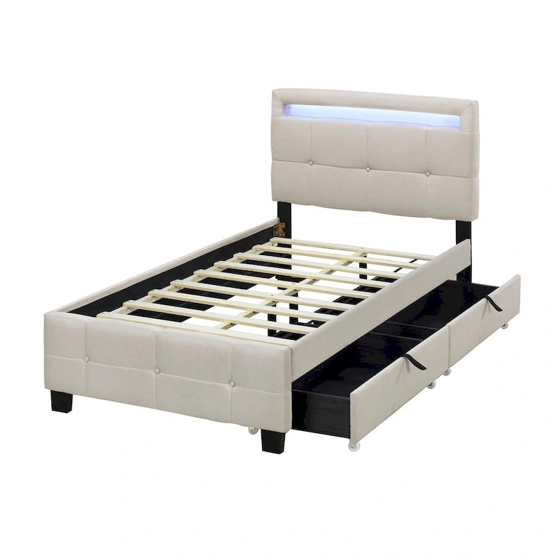 Twin Size Upholstered Platform Bed with LED Frame and 2 Drawers