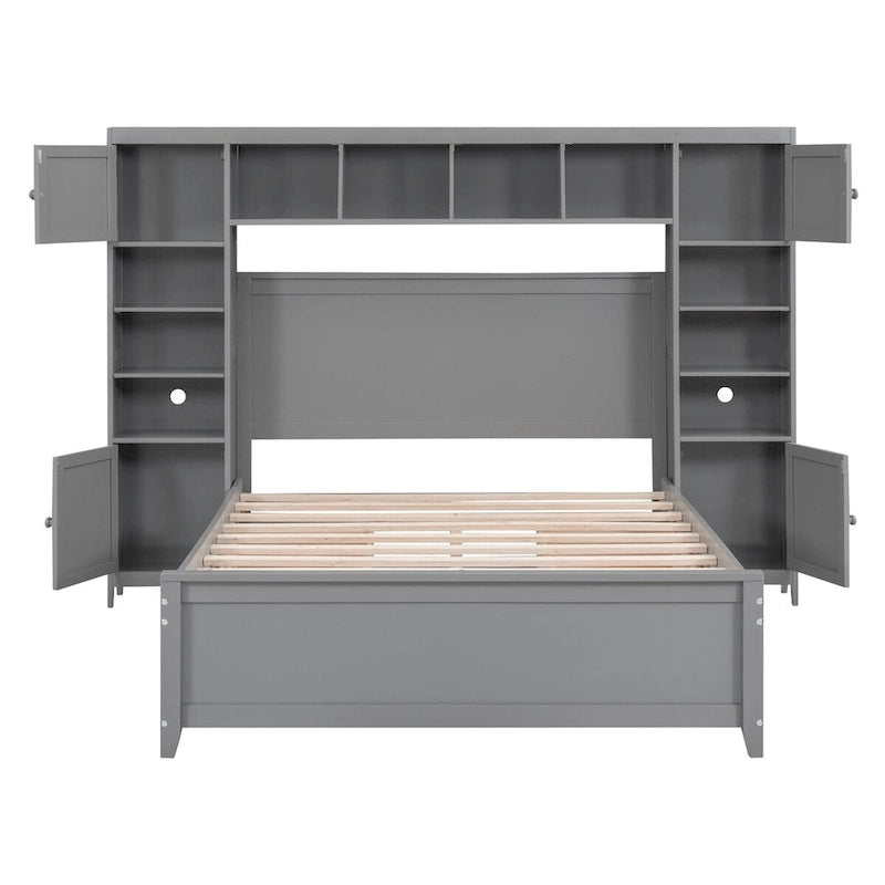 Full Size Wooden Bed With All-in-One Cabinet and Shelf