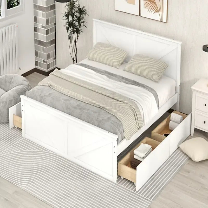 King Size Wooden Platform Bed with Four Storage Drawers and Support Legs