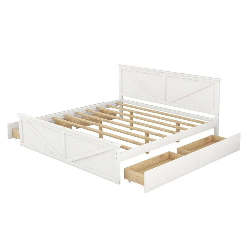 King Size Wooden Platform Bed with Four Storage Drawers and Support Legs