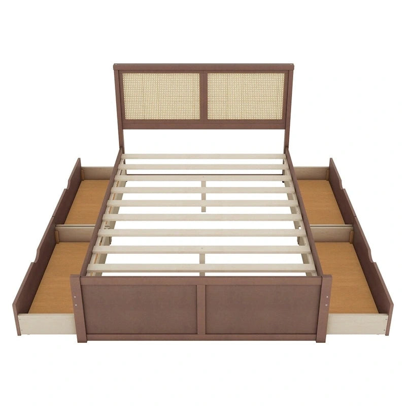 Queen Size Wood Storage Platform Bed with 4 Drawers, Rattan Headboard
