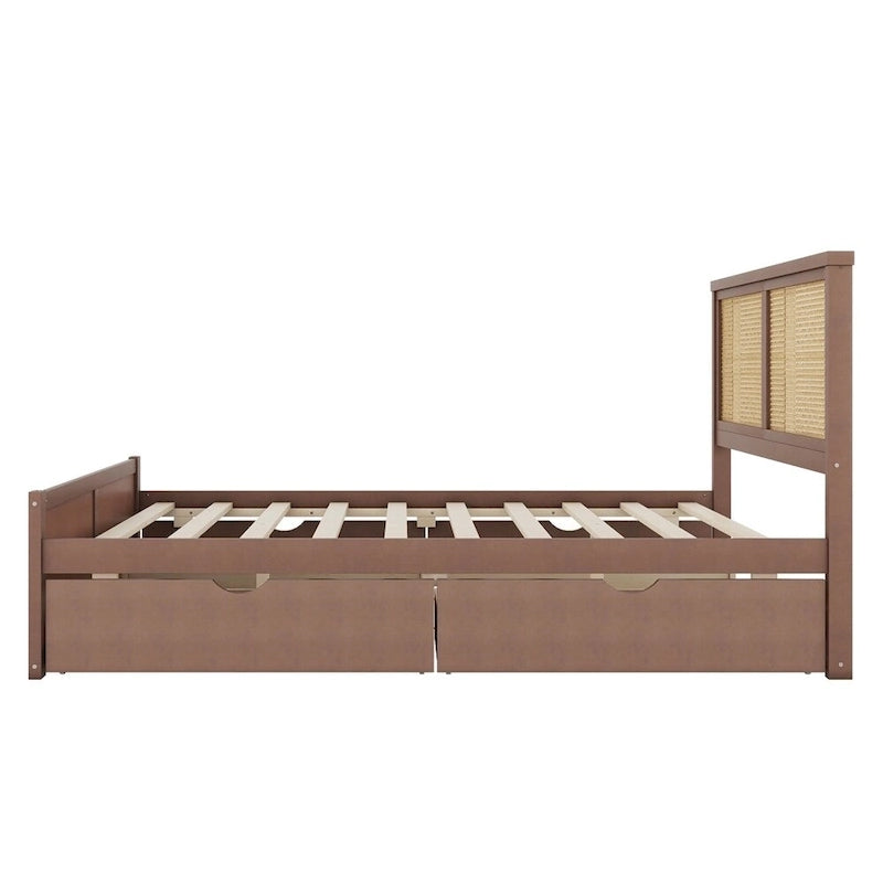 Queen Size Wood Storage Platform Bed with 4 Drawers, Rattan Headboard