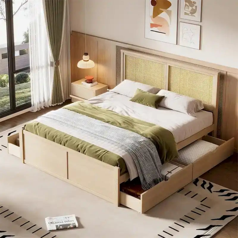 Queen Size Wood Storage Platform Bed with 4 Drawers, Rattan Headboard