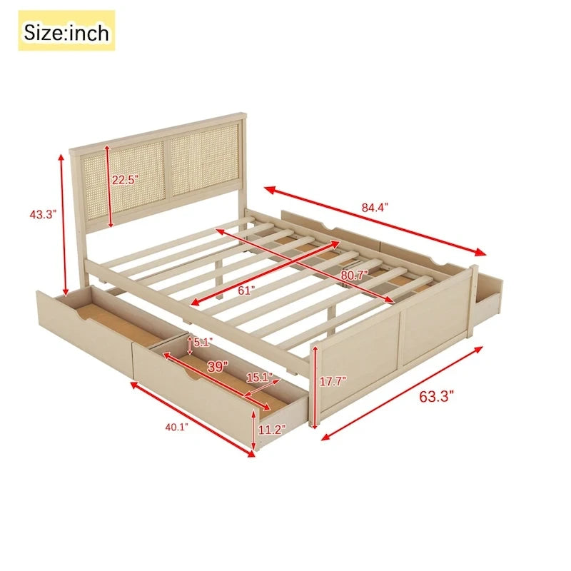 Queen Size Wood Storage Platform Bed with 4 Drawers, Rattan Headboard