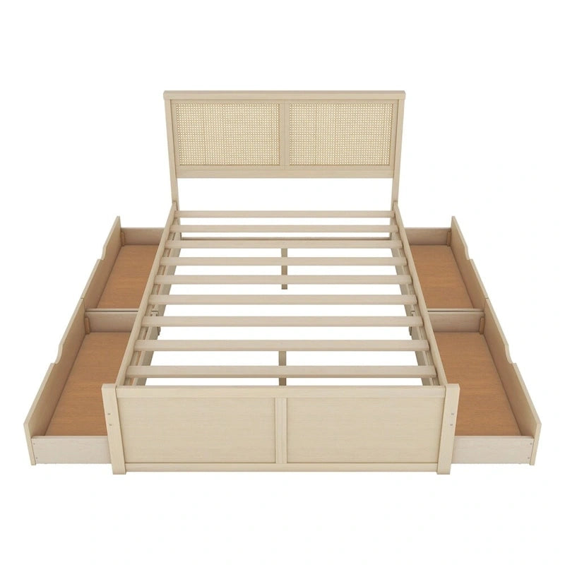Queen Size Wood Storage Platform Bed with 4 Drawers, Rattan Headboard