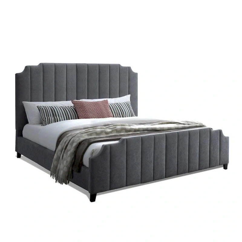 Cery Modern King Size Bed, Channel Tufted Dark Gray Chenille Upholstery