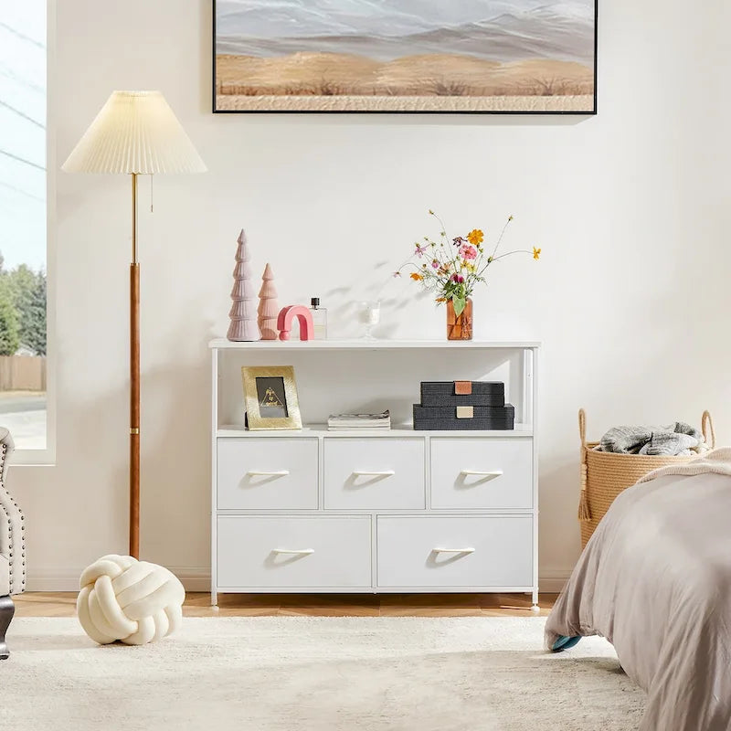 Sweetcrispy Dresser for Bedroom, Chest of Drawers, 5 Drawer Dresser, Closet Fabric Dresser with Metal Frame