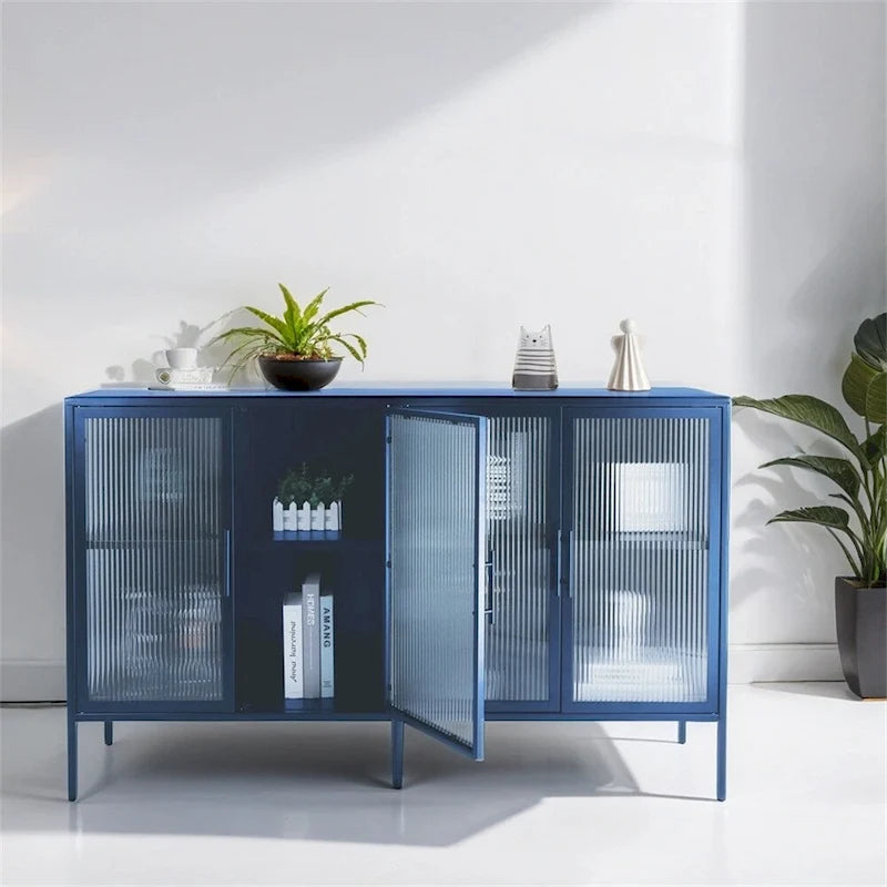 Stylish 4-Door Tempered Glass Cabinet w/4 Glass Doors Adjustable Shelf