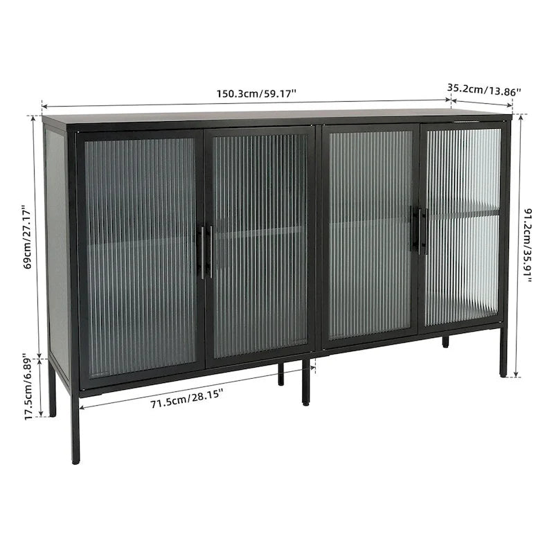 Stylish 4-Door Tempered Glass Cabinet w/4 Glass Doors Adjustable Shelf