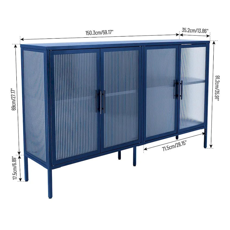 Stylish 4-Door Tempered Glass Cabinet w/4 Glass Doors Adjustable Shelf