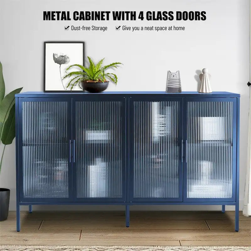 Stylish 4-Door Tempered Glass Cabinet w/4 Glass Doors Adjustable Shelf