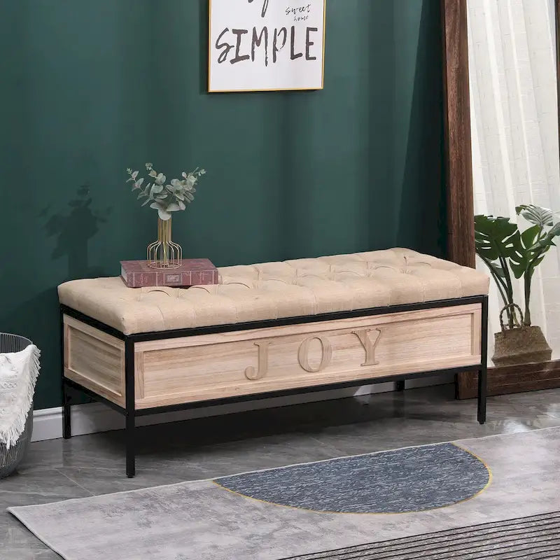 48 Linen Storage Bench: Button-Tufted, Wooden Ottoman for Bedroom, Living Room