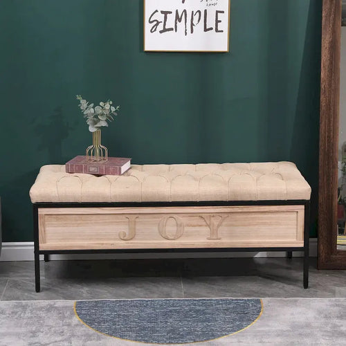 48 Linen Storage Bench: Button-Tufted, Wooden Ottoman for Bedroom, Living Room