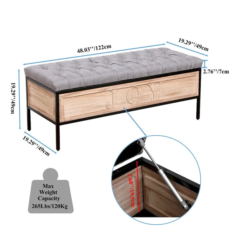 48 Linen Storage Bench: Button-Tufted, Wooden Ottoman for Bedroom, Living Room