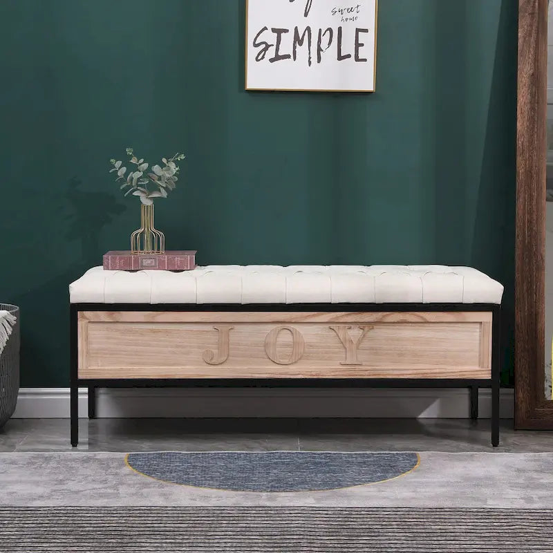 48 Linen Storage Bench: Button-Tufted, Wooden Ottoman for Bedroom, Living Room