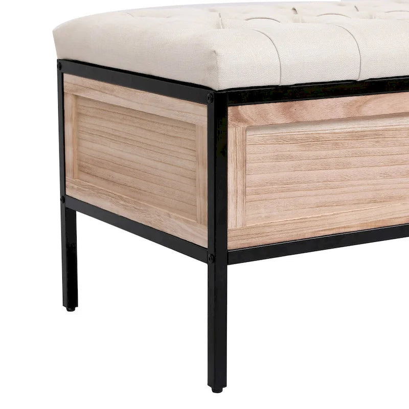 48 Linen Storage Bench: Button-Tufted, Wooden Ottoman for Bedroom, Living Room