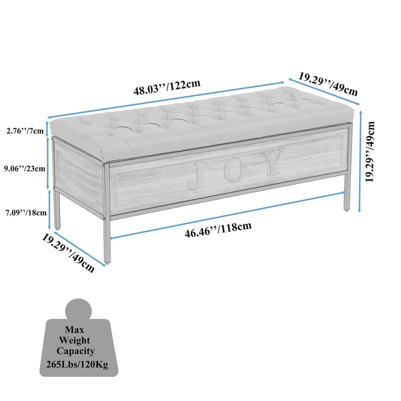48 Linen Storage Bench: Button-Tufted, Wooden Ottoman for Bedroom, Living Room