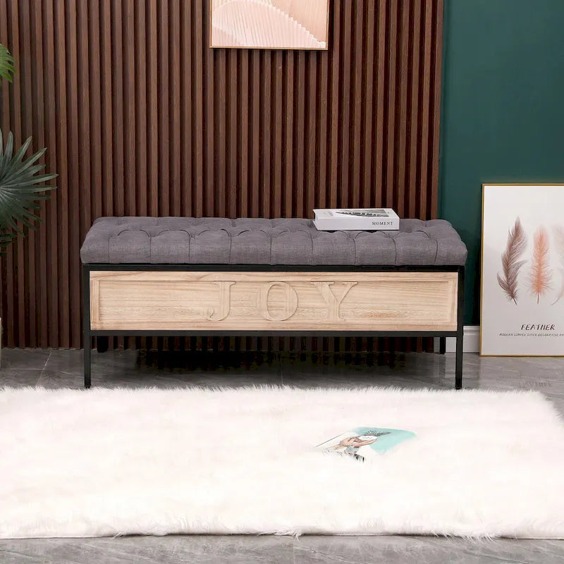 48 Linen Storage Bench: Button-Tufted, Wooden Ottoman for Bedroom, Living Room