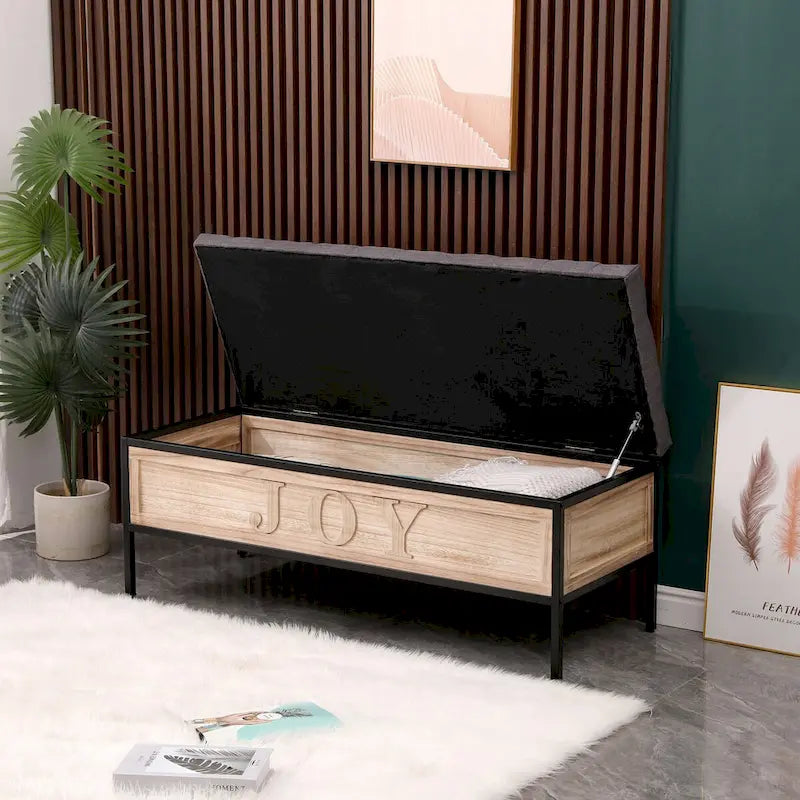 48 Linen Storage Bench: Button-Tufted, Wooden Ottoman for Bedroom, Living Room