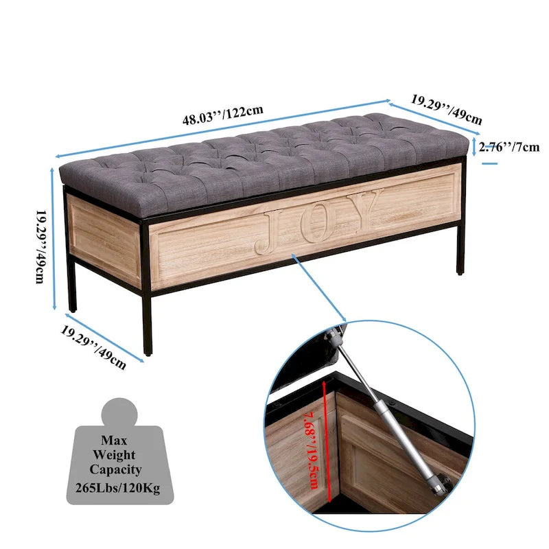 48 Linen Storage Bench: Button-Tufted, Wooden Ottoman for Bedroom, Living Room