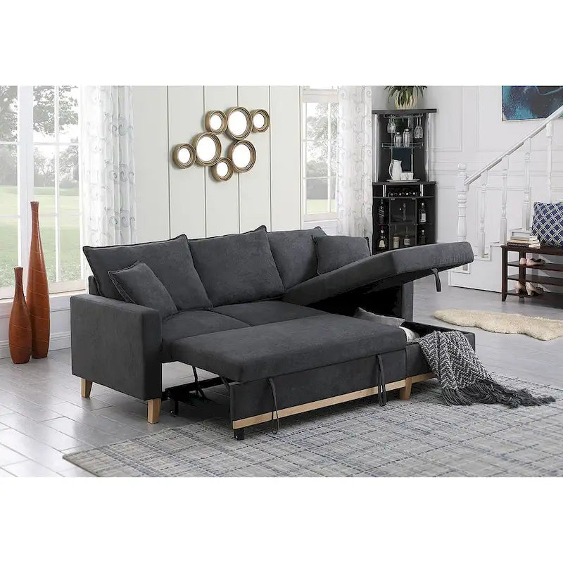 Dark Gray Woven Reversible Sleeper Sectional Sofa with Storage Chaise