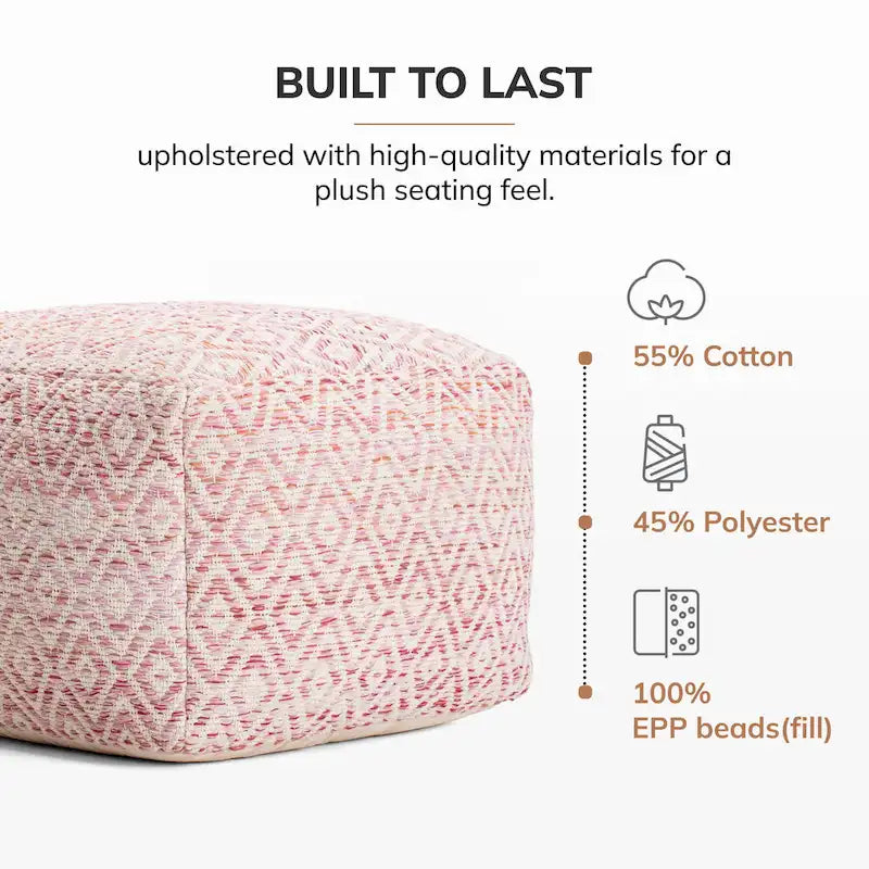 Jani Rhombus 22-inch Brown Square Pouf Ottoman - Handmade Footrest for Living Room, Bedroom, Nursery, Kidsroom