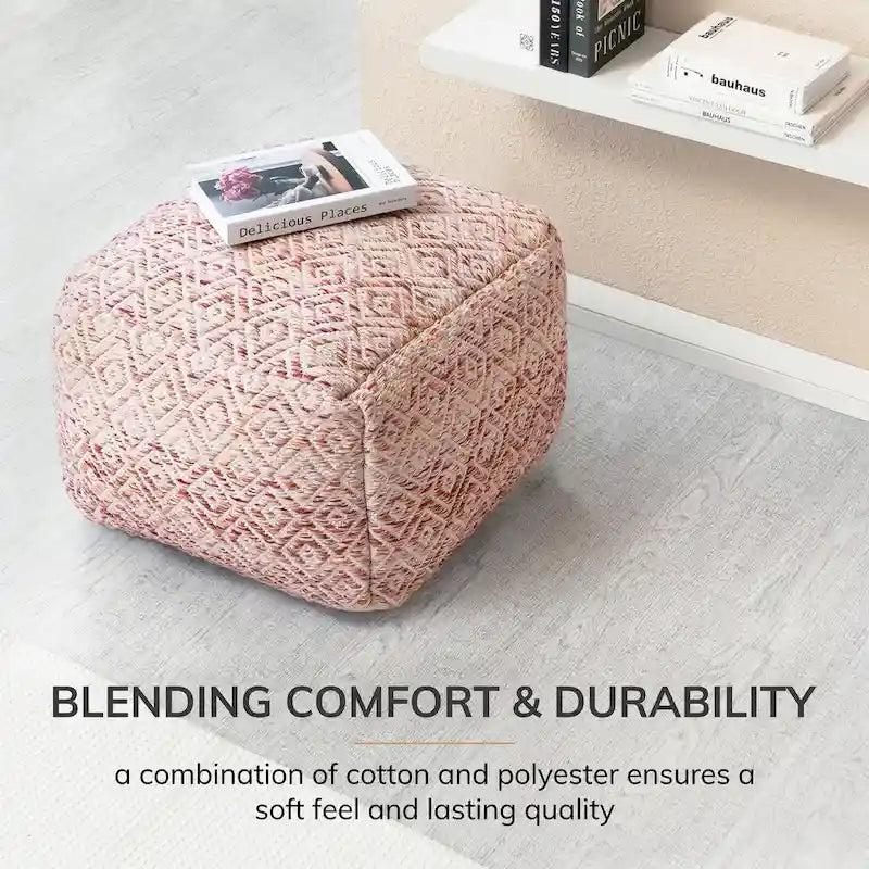 Jani Rhombus 22-inch Brown Square Pouf Ottoman - Handmade Footrest for Living Room, Bedroom, Nursery, Kidsroom